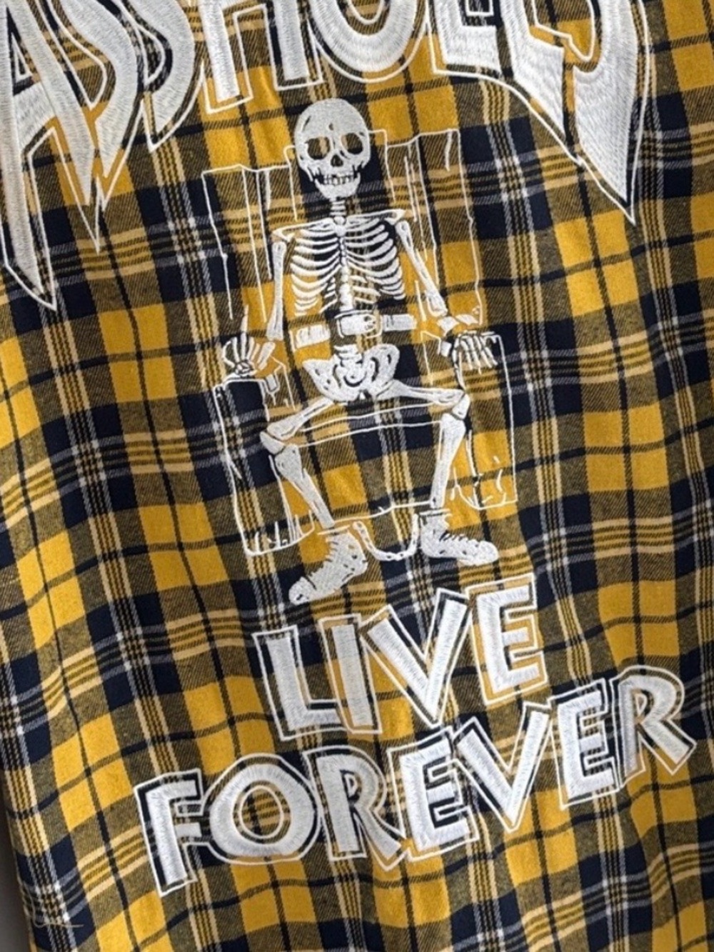 Assholes Live Forever‎ Skeleton Embroidered Yellow Plaid Flannel Shirt Large